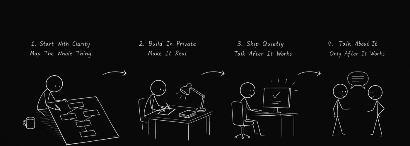 Four hand-drawn panels: start with clarity and map the whole thing, build in private, ship quietly, then talk about it only after it works.