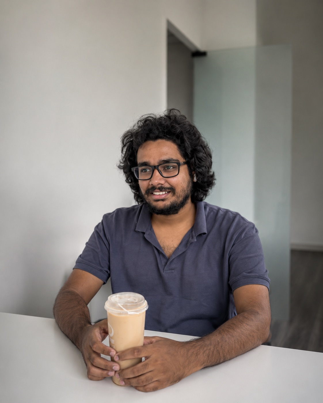 Shannu, seated, holding an iced coffee.